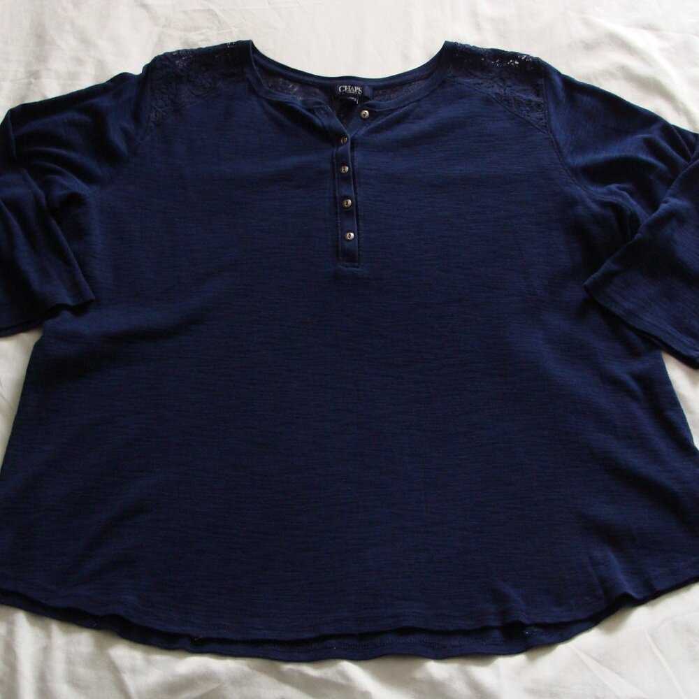 CHAPS Navy Blue 3/4 Sleeve SLUB Knit LACE Shoulder Knit Top Tee Sz 2X